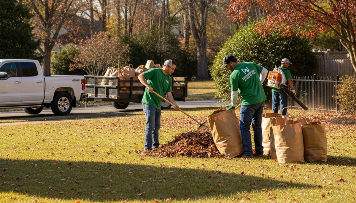 Professional landscapers performing fall leaf removal and yard clean up in Harrisburg, PA