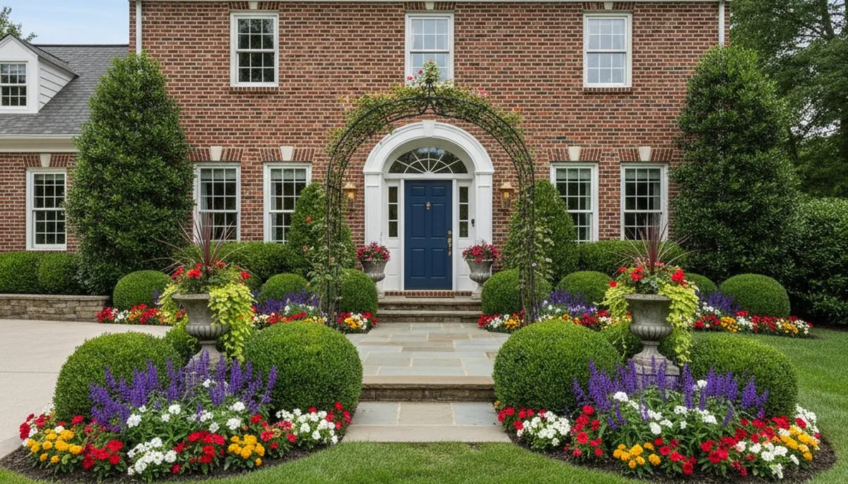 Front yard landscape design with colorful shrubs and flowers at a Harrisburg PA home entrance