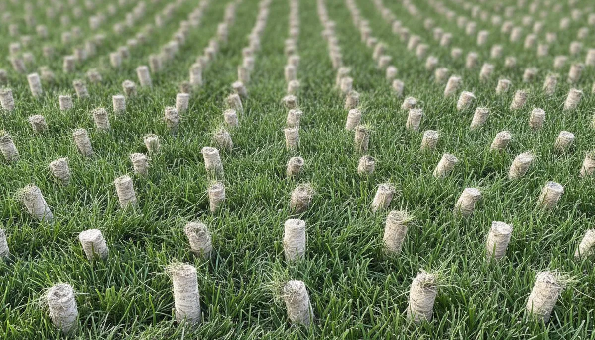Close-up of soil core plugs from professional lawn aeration in Harrisburg, PA by Chop Chop Landscaping