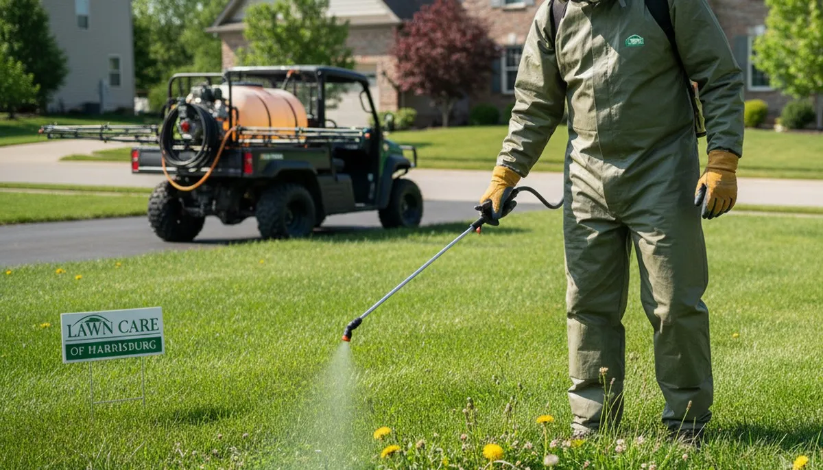Lawn care technician applying targeted weed control treatment in Harrisburg, PA